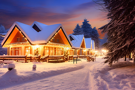 夜晚白雪覆盖的屋子高清图片