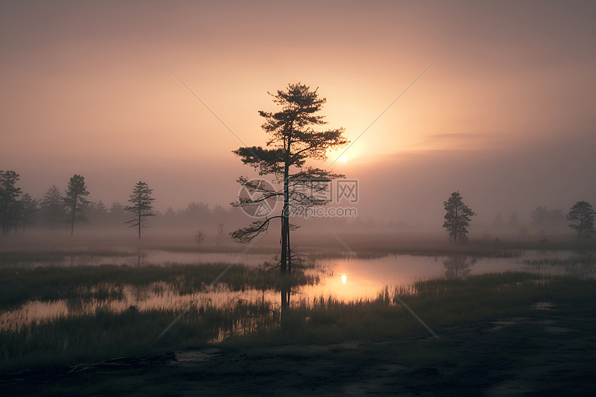 清晨迷雾笼罩的湖泊景观图片