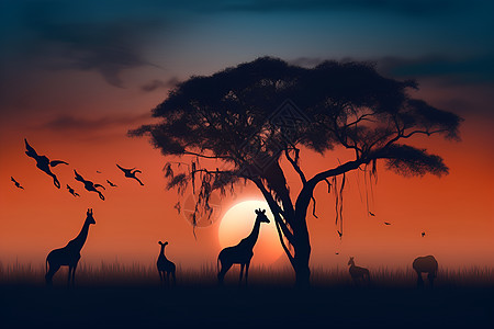树下长颈鹿群与飞鸟共舞背景图片