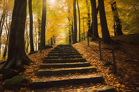 秋季森林中的石梯高清图片