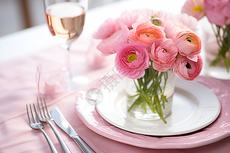 粉色花朵和餐具图片