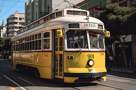 黄色电车在城市的街道上行驶背景图片