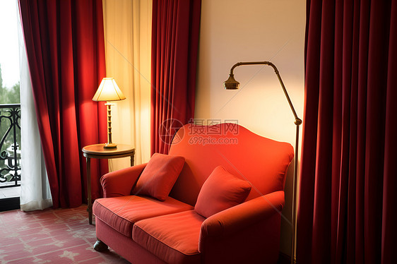 红色沙发的温馨角落图片