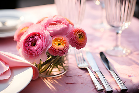 粉色花卉与银餐具图片