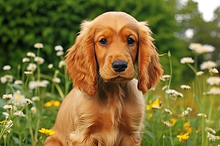 宠物狗在花草丛中图片