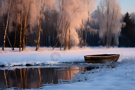 冬日湖边的孤舟图片