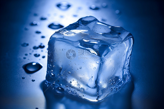 蓝色冰块下的水滴图片