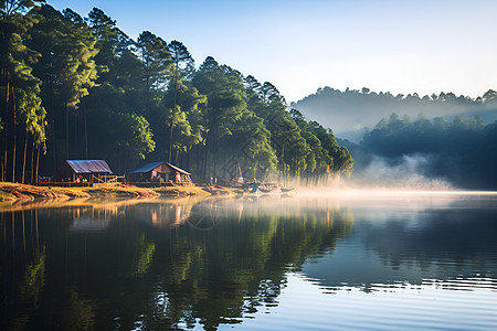 湖泊岸边的建筑物图片