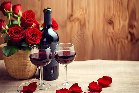 桌面上的红酒和玫瑰图片