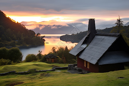 山顶小屋的湖光山色图片