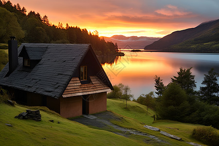 黄昏山下的湖畔小屋图片