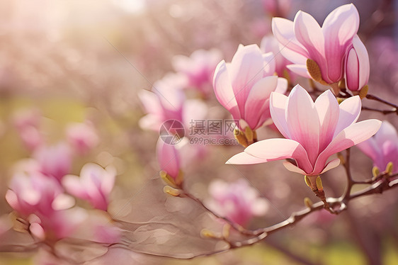 春季花园绽放的木兰花花朵图片