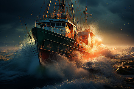 波涛汹涌海浪中前行的渔船背景图片