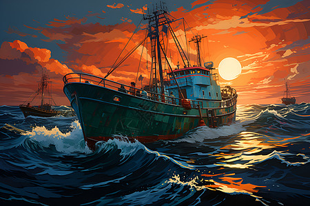 汹涌的海上渔船背景图片