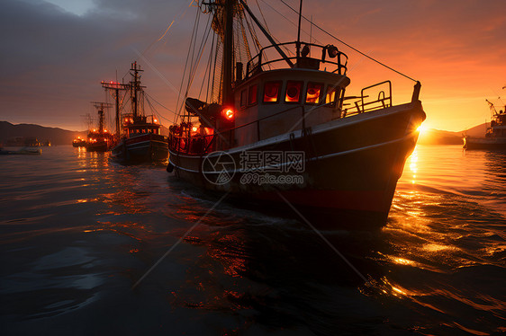 夕阳下的渔船世界图片