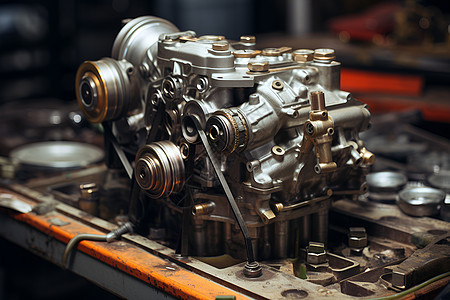 修车厂维修的汽车引擎图片
