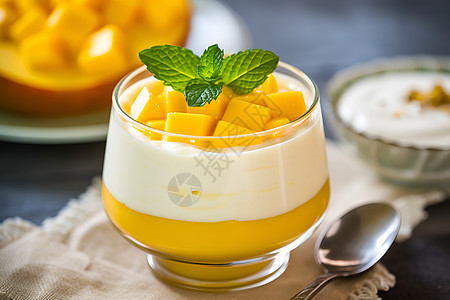 水果甜品玻璃碗中健康的酸奶背景