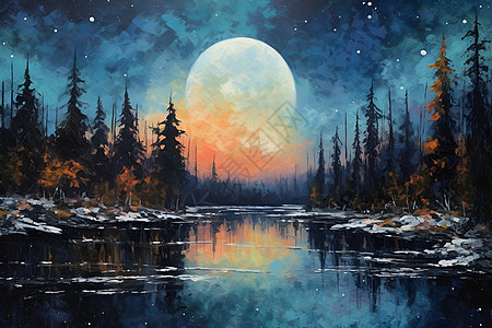 油画的星空森林背景图片