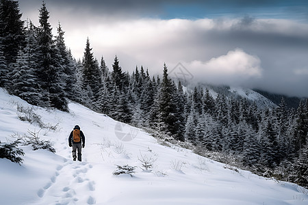 雪地山羊雪地森林中行走的男性背景