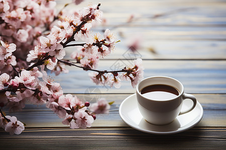 樱花与咖啡陪伴的早晨背景图片