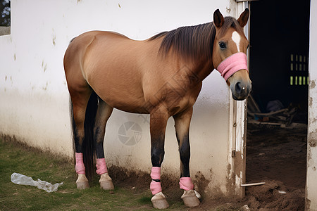 粉色绑带的受伤马匹背景图片