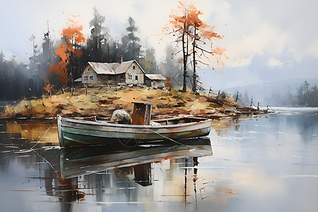 河边渔船的油画图片