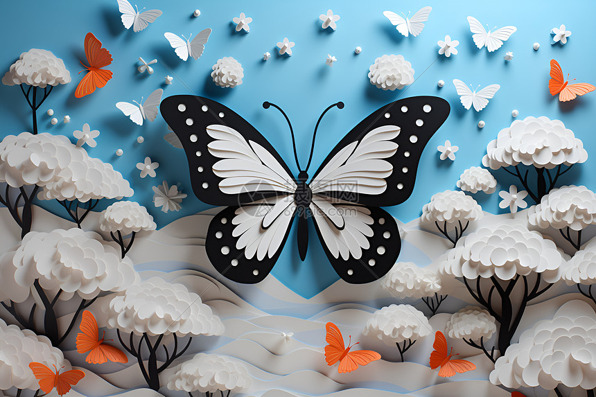 3D剪纸风的梦幻蝴蝶车图图片