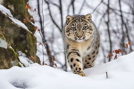 冬季雪漫步独雪地中凶猛的豹子背景