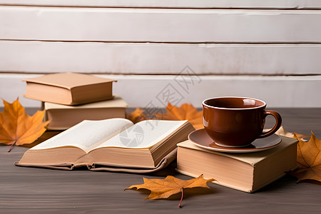 桌子上的书籍和黄叶背景