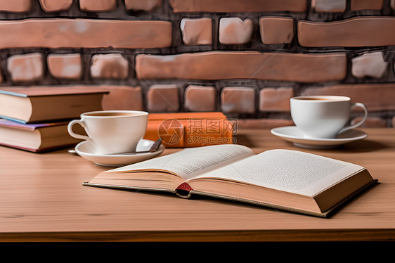 木桌上的书本和咖啡图片