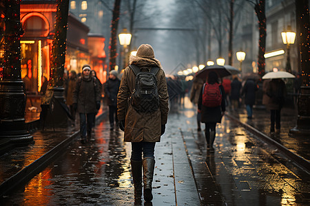 下雨天道路上的行人图片