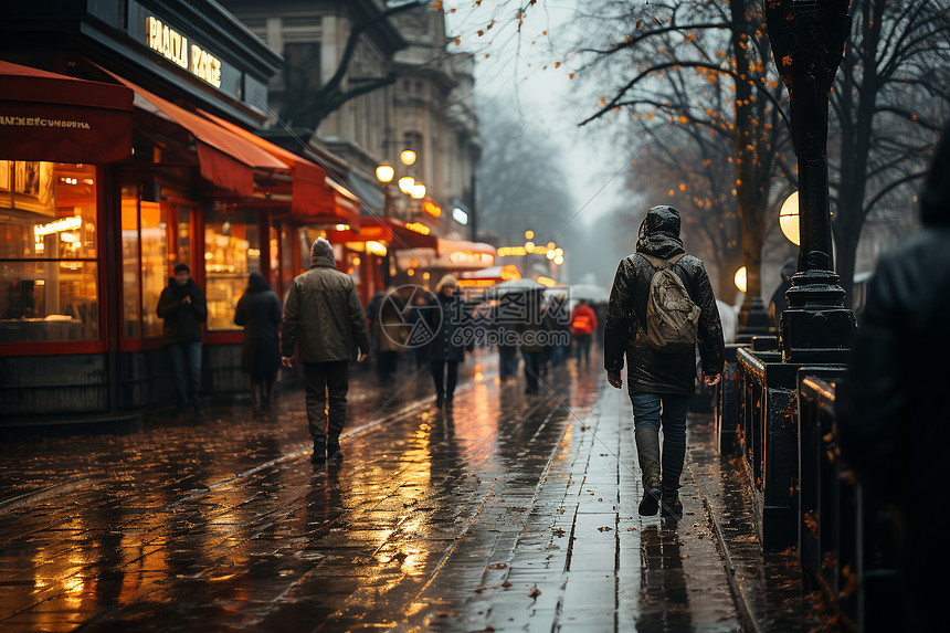 雨中行走的行人图片