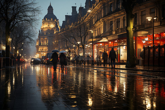 夜晚雨中的繁华街景图片