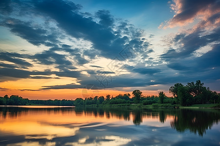 夕阳晚霞蓝天下的湖泊树林背景