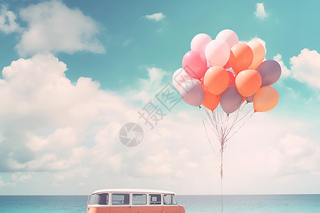 森林插画海边停着一辆带气球的面包车背景