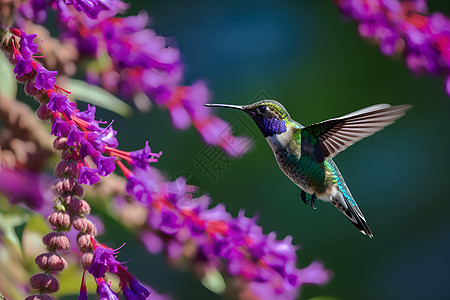 紫色花朵前的蜂鸟背景图片