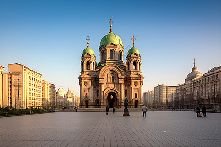 城市广场上的教堂图片
