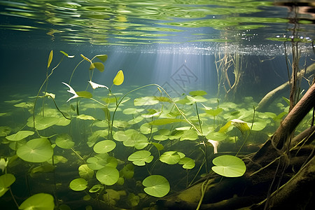 水生睡莲花水下的绿叶背景