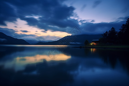 夜晚里树林湖边的小屋背景