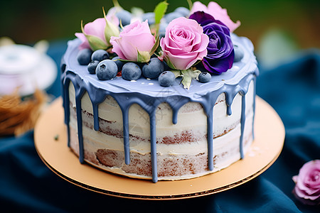 蓝莓蛋糕上的鲜花图片