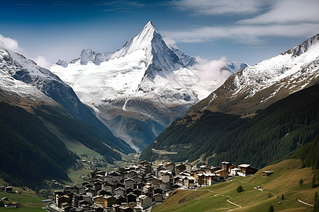 雪山草地峡谷间的山村背景