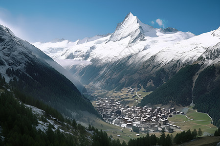 雪山草地雪峰下的村庄背景