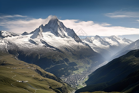 连绵山脉下的村庄背景图片