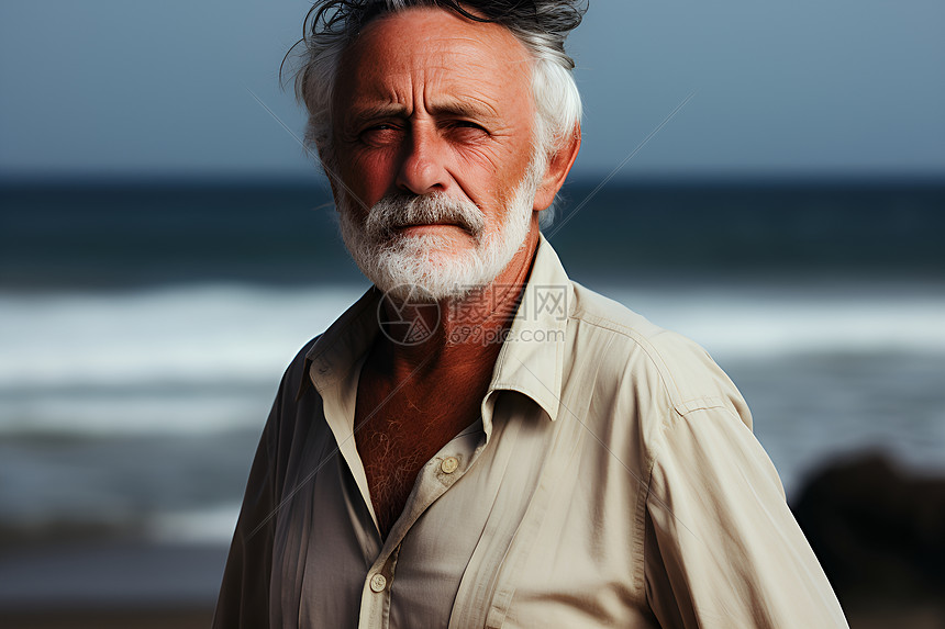 白发苍苍的男子在海滩上图片