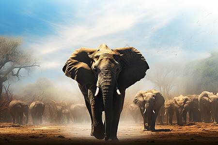 大象行走于荒野里图片