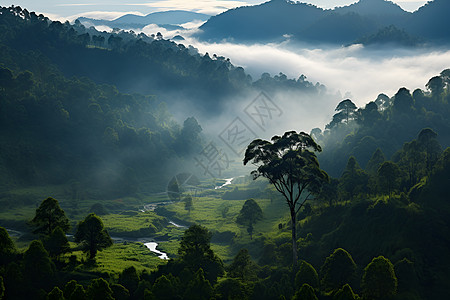 清晨迷雾的青山背景图片