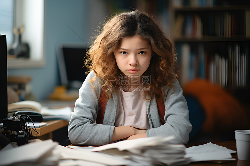 女孩坐在桌子前图片