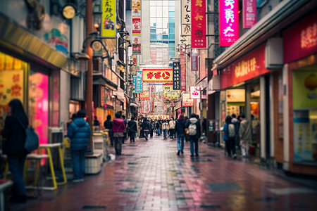 日本秋景人潮拥挤的街景商店背景