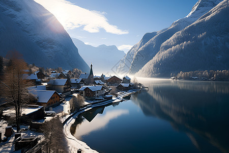 冰雪王国村庄边有条河流背景