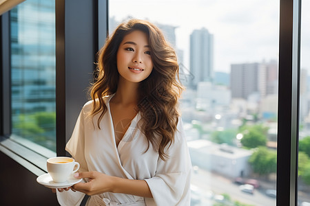 女人手持咖啡杯图片